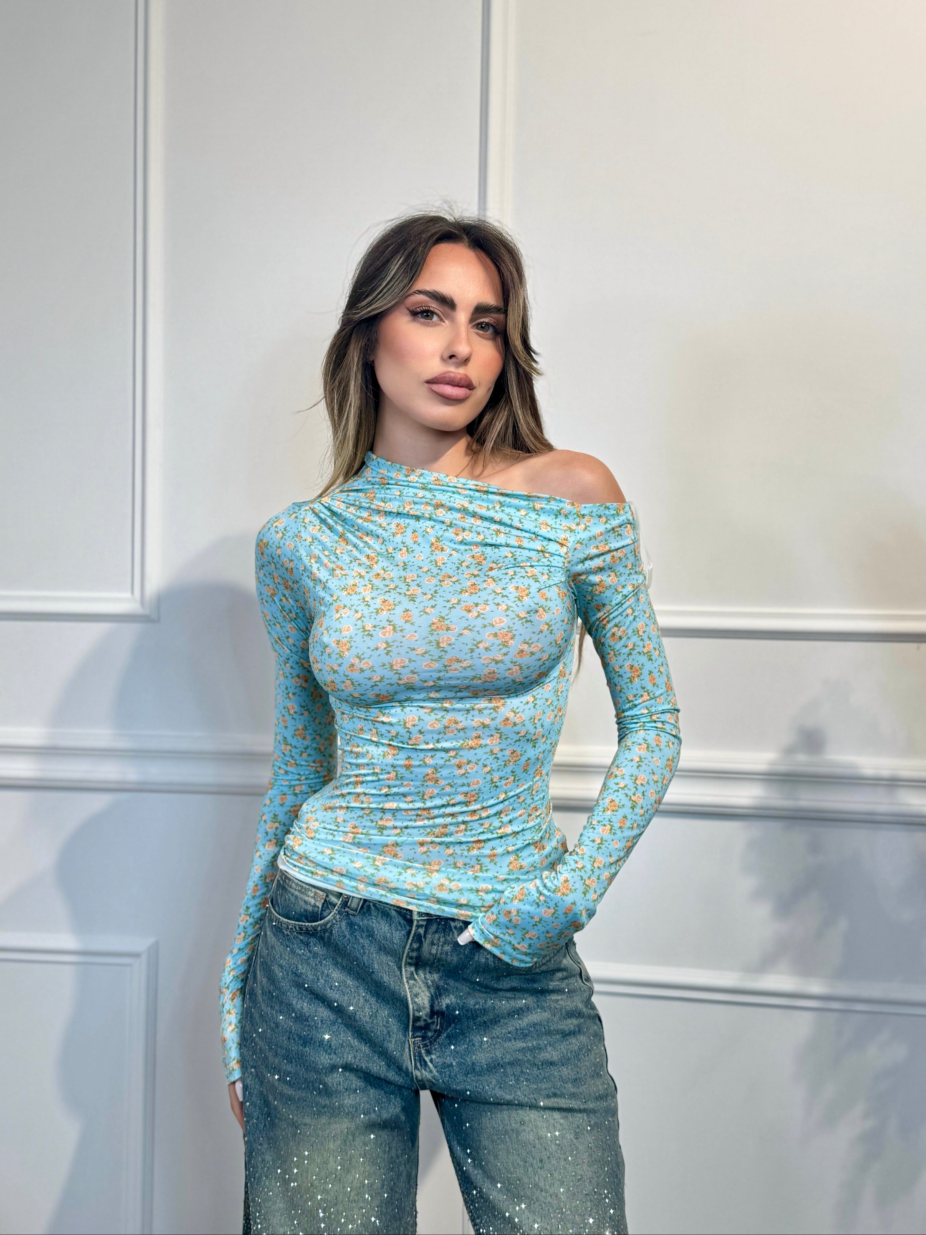 Maglia KIM FLOWERS CELESTE