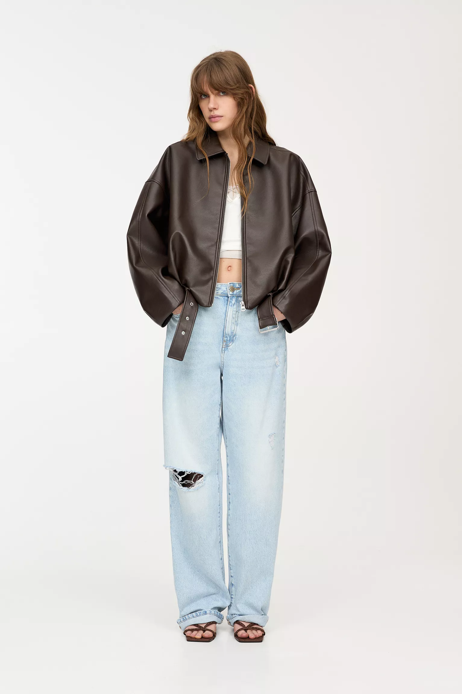 Faux leather bomber jacket brown