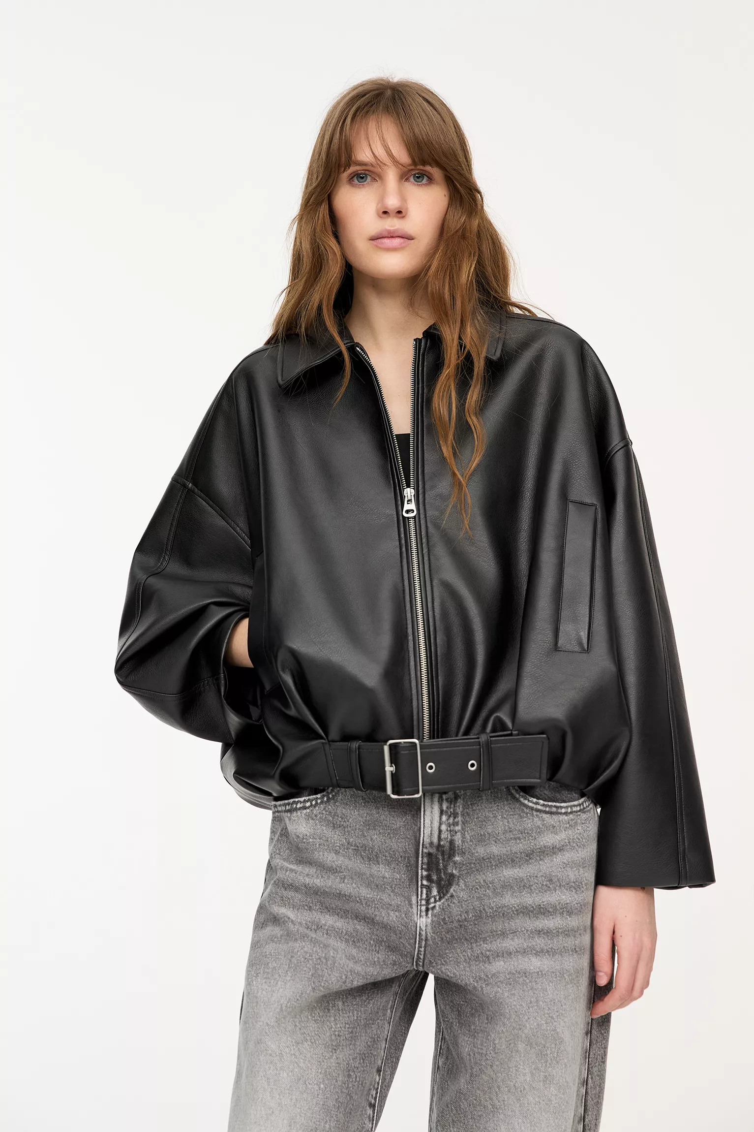 Faux leather bomber jacket black