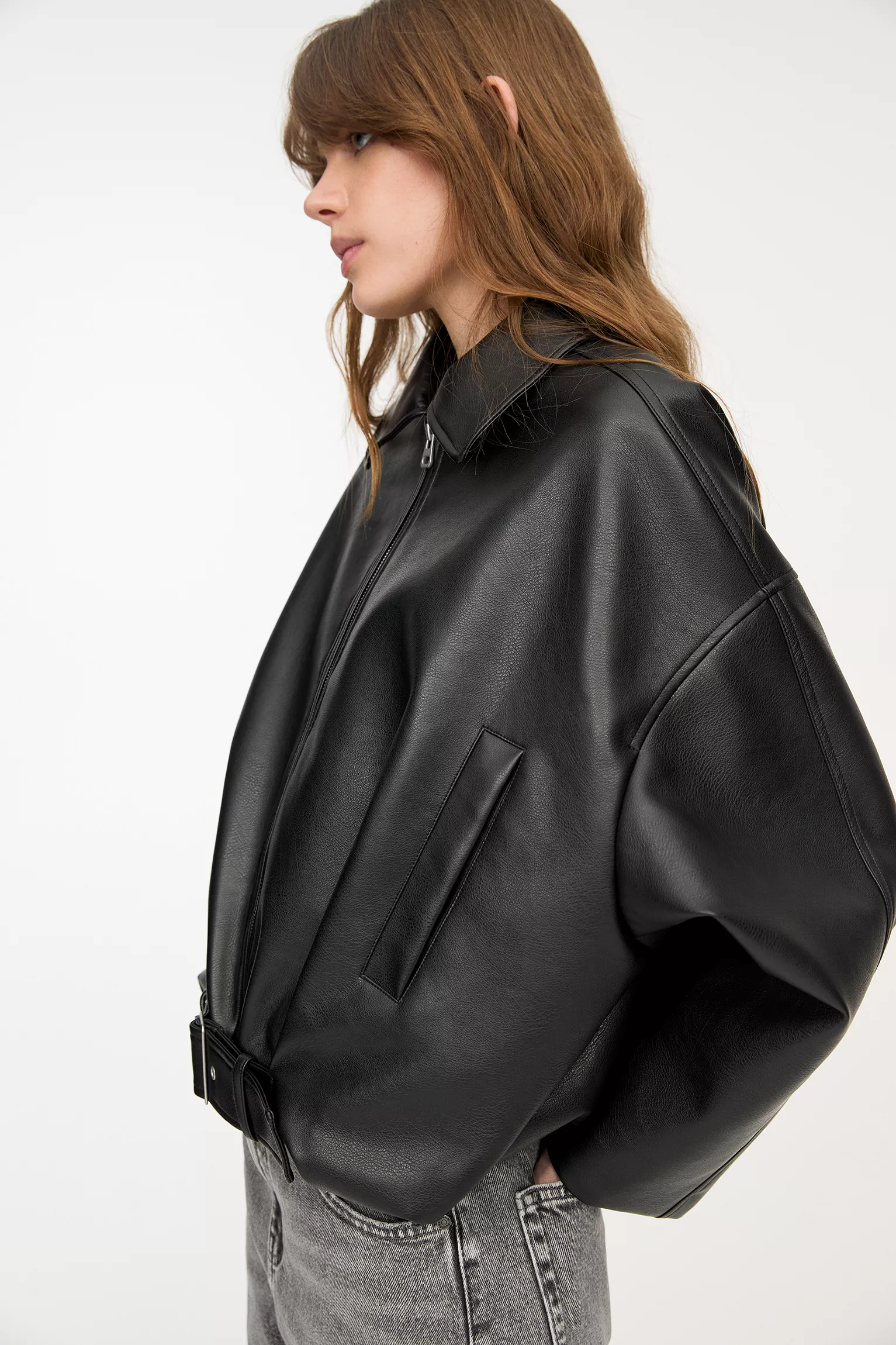 Faux leather bomber jacket black