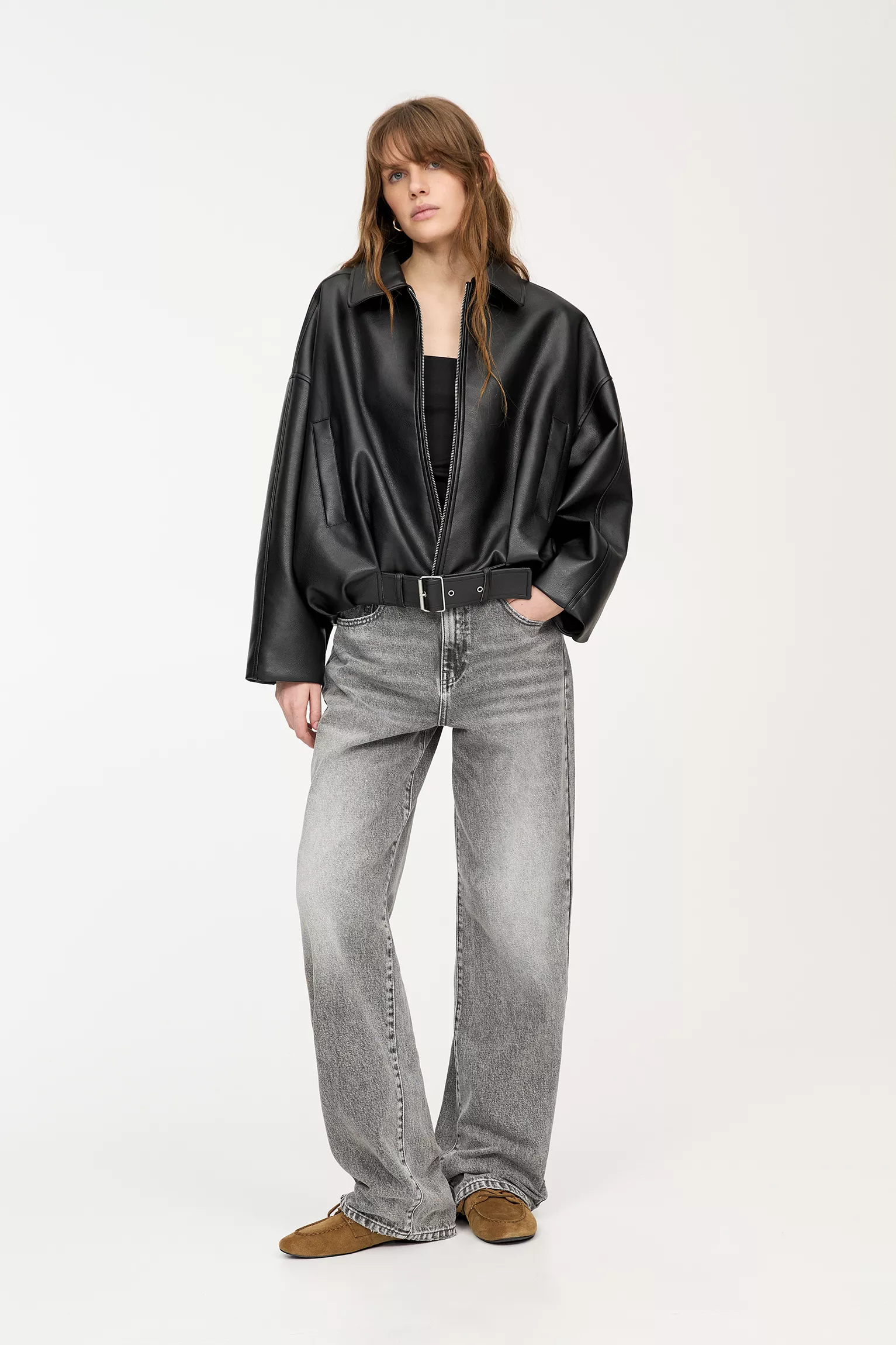 Faux leather bomber jacket black